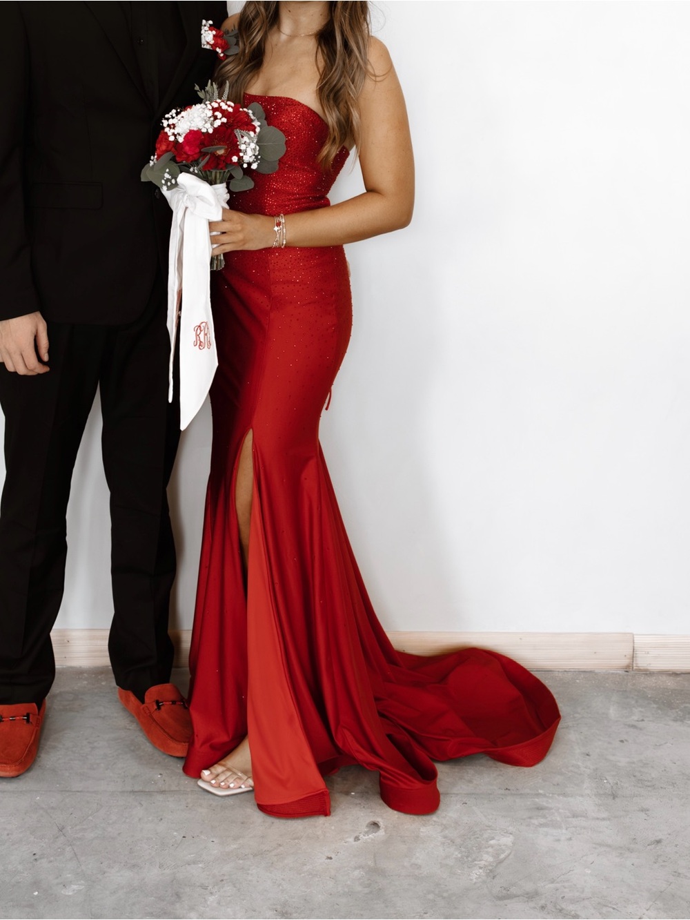 Strapless Red Prom Gown with Front Slit